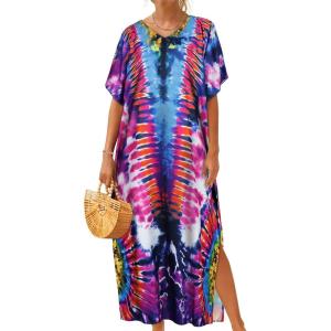 imageCHICGAL Kaftan Dresses for Women Oversized Long Batwing Sleeve Caftan V Neck Beach Cover Ups Summer Maxi DressPurple Aperture
