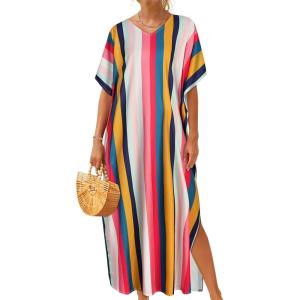 imageCHICGAL Kaftan Dresses for Women Oversized Long Batwing Sleeve Caftan V Neck Beach Cover Ups Summer Maxi DressRainbow Stripes