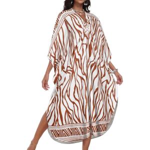 imageCHICGAL Womens Kaftan Dresses Long Caftans Plus Size Batwing Sleeve Swimsuit Coverup V Neck Summer Beach DressBeige Wave Stripes