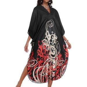 imageCHICGAL Womens Kaftan Dresses Long Caftans Plus Size Batwing Sleeve Swimsuit Coverup V Neck Summer Beach DressBlack Red