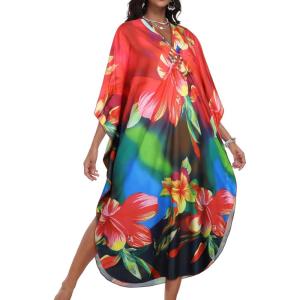 imageCHICGAL Womens Kaftan Dresses Long Caftans Plus Size Batwing Sleeve Swimsuit Coverup V Neck Summer Beach DressColorful Flowers