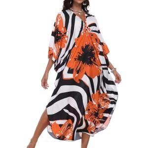 imageCHICGAL Womens Kaftan Dresses Long Caftans Plus Size Batwing Sleeve Swimsuit Coverup V Neck Summer Beach DressOrange Flowers