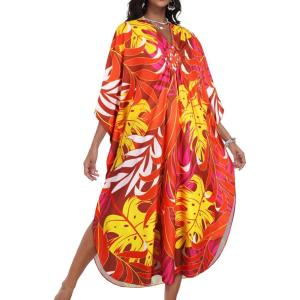 imageCHICGAL Womens Kaftan Dresses Long Caftans Plus Size Batwing Sleeve Swimsuit Coverup V Neck Summer Beach DressTropical Leaves