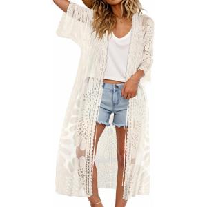 imageCHICGAL Womens Swimsuit Coverup Lace Bathing Suit Cover Up Beach Kimonos Long Cardigan Open Front SwimwearApricot
