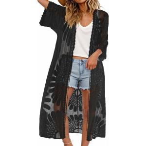 imageCHICGAL Womens Swimsuit Coverup Lace Bathing Suit Cover Up Beach Kimonos Long Cardigan Open Front SwimwearBlack