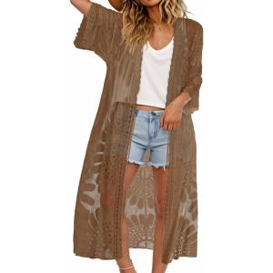 imageCHICGAL Womens Swimsuit Coverup Lace Bathing Suit Cover Up Beach Kimonos Long Cardigan Open Front SwimwearBrown