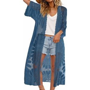 imageCHICGAL Womens Swimsuit Coverup Lace Bathing Suit Cover Up Beach Kimonos Long Cardigan Open Front SwimwearIndigo Blue