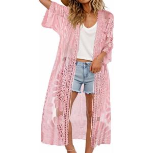 imageCHICGAL Womens Swimsuit Coverup Lace Bathing Suit Cover Up Beach Kimonos Long Cardigan Open Front SwimwearPink