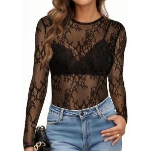 imageWomens Mesh Tops Sheer Long Sleeve Tee Shirts Bodycon See Through Blouse ClubwearBlack Petals