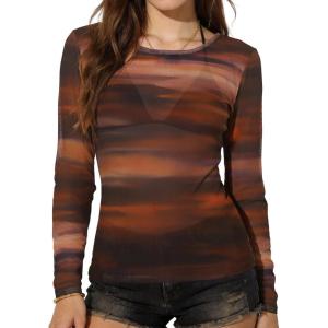 imageWomens Mesh Tops Sheer Long Sleeve Tee Shirts Bodycon See Through Blouse ClubwearBrown Floral