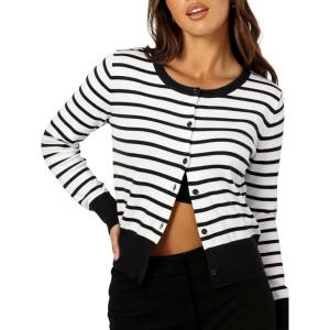 imageBerydress Cropped Cardigan Sweaters for Women 2026 Long Sleeve Crewneck Knit Button Up Trendy Lightweight Bolero ShrugBlack White