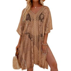 image:imageWomens Lace Bathing Suit Cover Up V Neck Swimsuit Coverup Summer Swim Coverups Loose Bikini Beach DressBrown