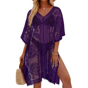 image:imageWomens Lace Bathing Suit Cover Up V Neck Swimsuit Coverup Summer Swim Coverups Loose Bikini Beach DressDeep Purple
