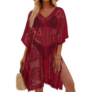 image:imageWomens Lace Bathing Suit Cover Up V Neck Swimsuit Coverup Summer Swim Coverups Loose Bikini Beach DressDeep Red