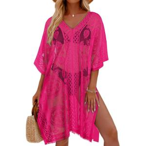 image:imageWomens Lace Bathing Suit Cover Up V Neck Swimsuit Coverup Summer Swim Coverups Loose Bikini Beach DressPink
