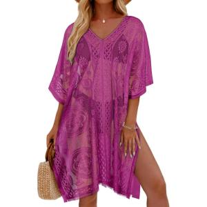 image:imageWomens Lace Bathing Suit Cover Up V Neck Swimsuit Coverup Summer Swim Coverups Loose Bikini Beach DressRose Red