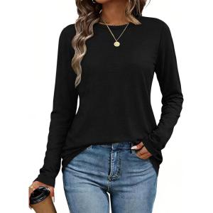 image:imageCHICGAL Women Long Sleeve Shirts Casual Dressy Crew Neck Soft Basic Tee Loose Fit Tunic TopsA Black