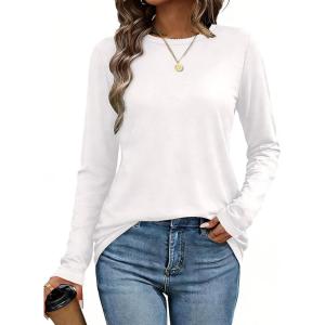 image:imageCHICGAL Women Long Sleeve Shirts Casual Dressy Crew Neck Soft Basic Tee Loose Fit Tunic TopsA White