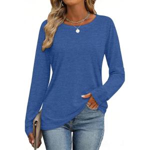image:imageCHICGAL Women Long Sleeve Shirts Casual Dressy Crew Neck Soft Basic Tee Loose Fit Tunic TopsBlue
