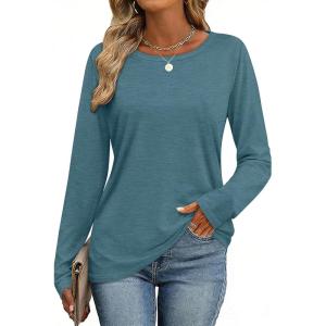 image:imageCHICGAL Women Long Sleeve Shirts Casual Dressy Crew Neck Soft Basic Tee Loose Fit Tunic TopsBlue Green