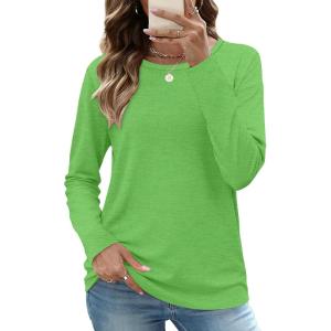 image:imageCHICGAL Women Long Sleeve Shirts Casual Dressy Crew Neck Soft Basic Tee Loose Fit Tunic TopsBright Green