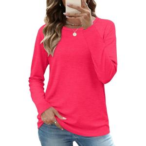 image:imageCHICGAL Women Long Sleeve Shirts Casual Dressy Crew Neck Soft Basic Tee Loose Fit Tunic TopsBright Pink
