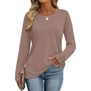 image:imageCHICGAL Women Long Sleeve Shirts Casual Dressy Crew Neck Soft Basic Tee Loose Fit Tunic TopsCoffee