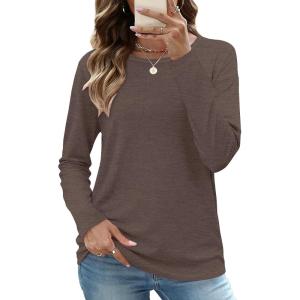 image:imageCHICGAL Women Long Sleeve Shirts Casual Dressy Crew Neck Soft Basic Tee Loose Fit Tunic TopsDeep Brown