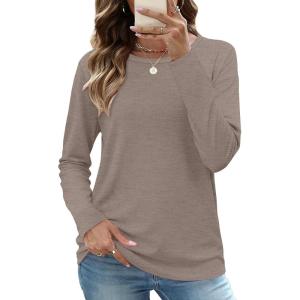 image:imageCHICGAL Women Long Sleeve Shirts Casual Dressy Crew Neck Soft Basic Tee Loose Fit Tunic TopsKhaki