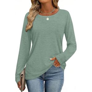 image:imageCHICGAL Women Long Sleeve Shirts Casual Dressy Crew Neck Soft Basic Tee Loose Fit Tunic TopsLight Green