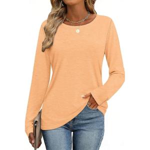 image:imageCHICGAL Women Long Sleeve Shirts Casual Dressy Crew Neck Soft Basic Tee Loose Fit Tunic TopsLight Orange