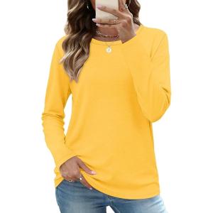 image:imageCHICGAL Women Long Sleeve Shirts Casual Dressy Crew Neck Soft Basic Tee Loose Fit Tunic TopsLight Yellow