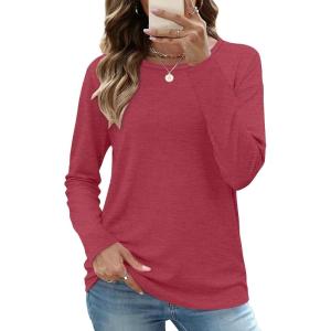 image:imageCHICGAL Women Long Sleeve Shirts Casual Dressy Crew Neck Soft Basic Tee Loose Fit Tunic TopsMagenta