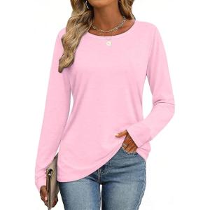 image:imageCHICGAL Women Long Sleeve Shirts Casual Dressy Crew Neck Soft Basic Tee Loose Fit Tunic TopsPink