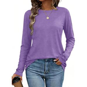 image:imageCHICGAL Women Long Sleeve Shirts Casual Dressy Crew Neck Soft Basic Tee Loose Fit Tunic TopsPurple