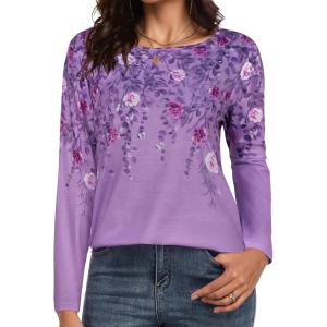image:imageCHICGAL Women Long Sleeve Shirts Casual Dressy Crew Neck Soft Basic Tee Loose Fit Tunic TopsPurple Floral