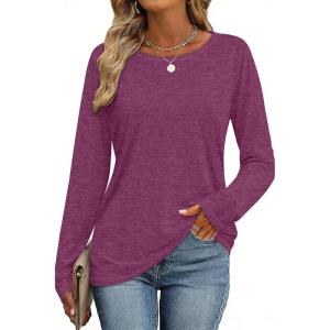 image:imageCHICGAL Women Long Sleeve Shirts Casual Dressy Crew Neck Soft Basic Tee Loose Fit Tunic TopsPurple Wine Red
