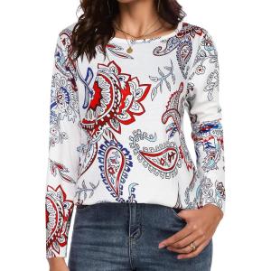 image:imageCHICGAL Women Long Sleeve Shirts Casual Dressy Crew Neck Soft Basic Tee Loose Fit Tunic TopsWhite Paisley
