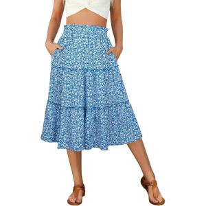 image:imageBerydress Midi Skirt for Women with Pockets 2025 High Waist A Line Casual Summer Boho Flowy Tiered Ruffle Beach SkirtsBlue Floral