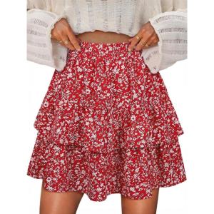 image:imageBerydress Ruffle Mini Skirts for Women 2025 High Waist Flowy Summer Vacation Casual Beach Boho Tiered Short SkirtRed Floral