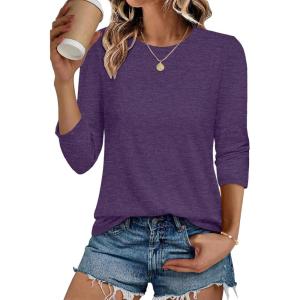 image:imageCHICGAL Women 34 Sleeve Shirts Casual Dressy Crew Neck Tunic Tops Basic Blouse Loose FitPurple