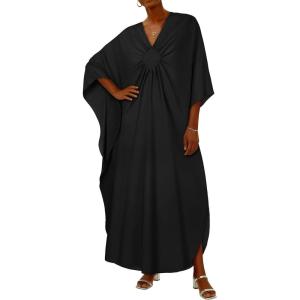 image:imageCHICGAL Womens Kaftan Dresses Long Caftans Plus Size Batwing Sleeve Swimsuit Coverup V Neck Summer Beach DressBlack