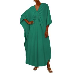 image:imageCHICGAL Womens Kaftan Dresses Long Caftans Plus Size Batwing Sleeve Swimsuit Coverup V Neck Summer Beach DressGreen