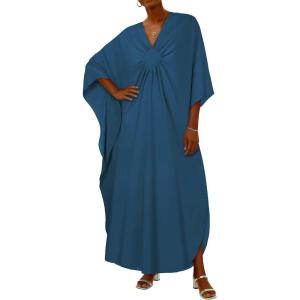 image:imageCHICGAL Womens Kaftan Dresses Long Caftans Plus Size Batwing Sleeve Swimsuit Coverup V Neck Summer Beach DressPeacock Blue