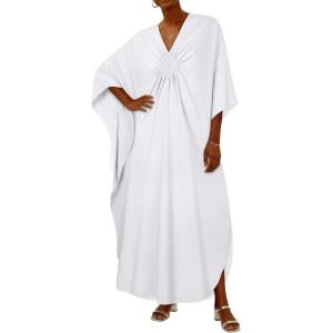 image:imageCHICGAL Womens Kaftan Dresses Long Caftans Plus Size Batwing Sleeve Swimsuit Coverup V Neck Summer Beach DressWhite