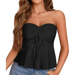 image:imageTube Tops for Women Strapless Tie Front Ruched Tops Peplum Flared Hem Casual Bandeau TopBlack