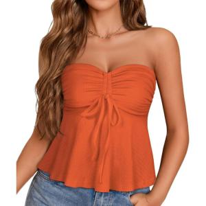 image:imageTube Tops for Women Strapless Tie Front Ruched Tops Peplum Flared Hem Casual Bandeau TopOrange