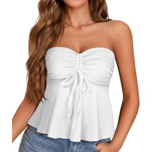image:imageTube Tops for Women Strapless Tie Front Ruched Tops Peplum Flared Hem Casual Bandeau TopWhite