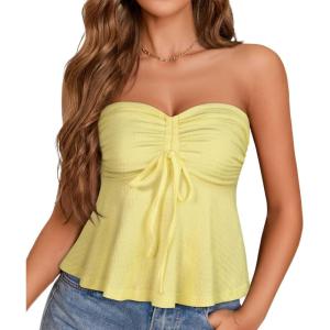 image:imageTube Tops for Women Strapless Tie Front Ruched Tops Peplum Flared Hem Casual Bandeau TopYellow