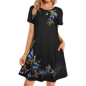 image:imageWomens Summer Dresses Beach Casual Loose Tshirt Floral Short Sleeve Flowy Pockets SundressesBlack Butterflies